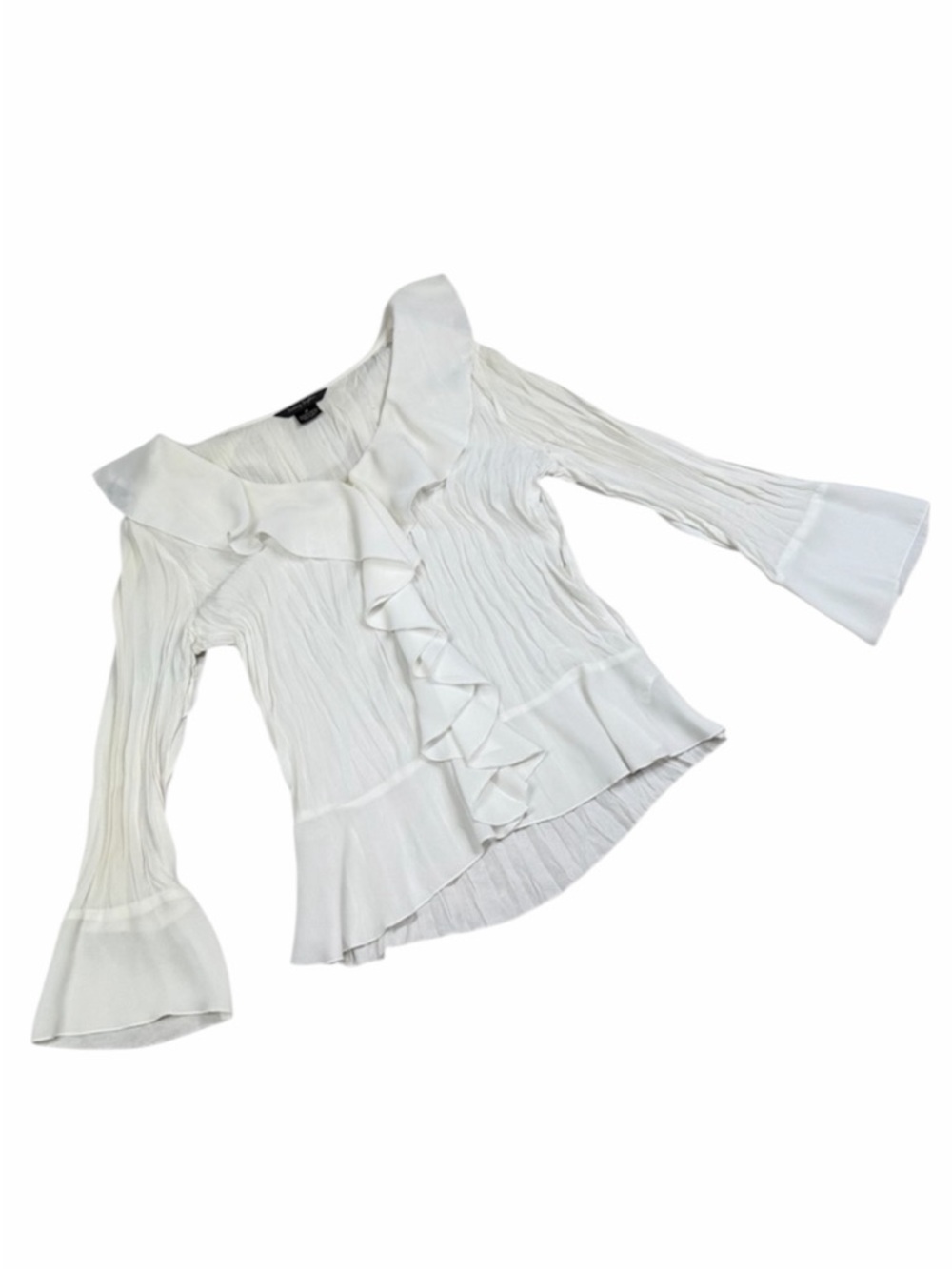 Sunny Taylor Cream Waterfall Ruffle Crinkle Long Sleeve Button Front Blouse - M - Picture 7 of 15